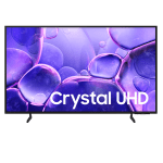 Crystal UHD television with a purple abstract bubble wallpaper and a thin black frame on a white background, shown with two small stand legs.