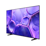 Flat-screen television with slim bezels on two black stands, displaying a purple abstract wallpaper.