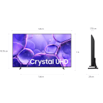 Crystal UHD flat-screen TV on a stand with a purple abstract screen, dimensions showing about 1.66 m wide and 95.8 cm tall (side view 7.7 cm).