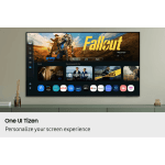 Wall-mounted TV displaying a streaming home screen with a large FallOut banner and row of app icons beneath it, on a living room shelf