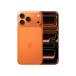 Orange iPhone viewed from back with three-camera system and Apple logo visible, front screen partially shown with glowing abstract wallpaper.