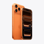 Orange iPhone with triple-camera back, shown from a rear-left angle, glossy finish