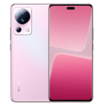Two pink smartphones shown side by side: the left one displays the back with a large camera island, the right one shows the front with a pink gradient screen.