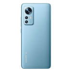 Blue smartphone back with a prominent vertical camera module featuring three lenses and a flash.