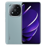 Two smartphones arranged side by side: the left phone shows a light‑blue back with a large quad‑camera module, the right phone shows a front display with purple wallpaper.