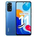 Blue Redmi Note smartphone shown from back and front, featuring a quad-camera rear module and a large front display with wallpaper.