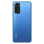 Blue smartphone back with a rectangular camera bump in the top-left corner and four camera lenses; vertical 'realme' branding along the lower-left edge