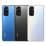 Three Redmi smartphones shown from the back in blue, black, and gradient gold, highlighting the vertical quad-camera module.