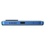 Close-up of the bottom edge of a blue smartphone showing speaker holes and a USB-C port