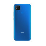 Back of a blue Redmi smartphone showing a textured diagonal pattern, a square rear camera module with multiple lenses, and a circular fingerprint sensor beneath.