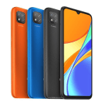 Five smartphones in a row: orange, blue, gray/black, and a front-facing device with a split-notch display, showcasing quad-camera backs and textured finishes.