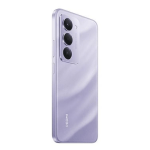 Purple smartphone viewed from the back, showing a triple-camera module arranged vertically on the left edge