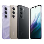Four smartphones shown in a row: lavender, gold, black, and purple, angled to display rear triple cameras; the far right device shows its front screen.