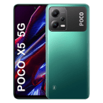 Teal Poco smartphone shown from the back with a triple-camera system, overlapping a front display view on the left.
