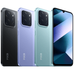 Four Poco smartphones in black, purple, blue, and teal, showing rear camera modules; front phone on the right displays a blue wallpaper with a notch.