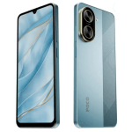 Two blue smartphones shown side by side: the left is a front view with a tall display, the right is a rear view highlighting the camera module.