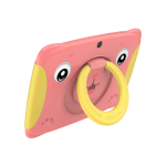 Pink kid-friendly tablet case with a yellow circular grip and cartoon eyes on the back, resembling a friendly animal face.