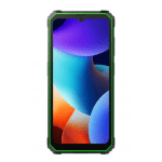 Rugged smartphone with a black body and bright green protective bumper viewed from the front.