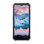 Rugged outdoor smartphone with a thick protective bumper displaying an icy landscape on the screen