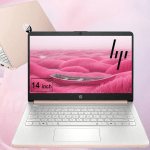 Open HP laptop on a pink background, the screen shows pink wave wallpaper with a prominent '14 inch' label in the corner.
