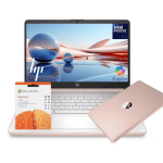 Pink laptop with an Intel Inside badge on screen and a Microsoft 365 Personal card in front.