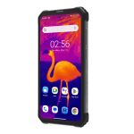 Rugged black smartphone in a protective case shown at slight angle with a flamingo wallpaper and app icons on the screen