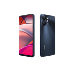 Front and back views of a dark blue smartphone with a dual-camera module on the back and a colorful display on the front.