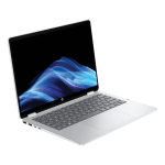 Open silver HP laptop angled diagonally, screen showing blue wave wallpaper above a gray keyboard.