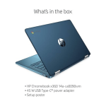 Angled blue HP Chromebook x360 laptop on white background with bulleted specifications visible below (including model number and power adapter).