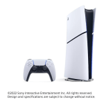 PlayStation 5 console standing upright with its white DualSense controller in front on a white background.