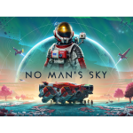 Astronaut in a white suit with a gold visor stands on an alien shoreline, with a large planet in the background and a red rover in the foreground; the title No Man's Sky runs across the bottom of the image.