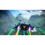 Futuristic flying battleships with neon lasers soaring over rocky, green valleys.