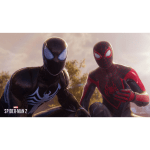 Two Spider-Man heroes stand close together in a promotional poster for Spider-Man 2, one in a black suit and the other in the classic red suit with web patterns.