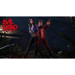 Movie poster with two people holding guns in a dark setting, and a bold red 'EVIL DEAD' title on the left side.
