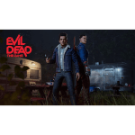 Two men in denim jackets stand back-to-back in a dark, outdoor setting with a retro trailer behind them and a red Evil Dead The Game logo on the left.