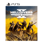 PS5 branding above a Helldivers game cover showing soldiers on a rocky ridge amid yellow smoke with a bold Helldivers logo and emblem outer space scene (game cover).