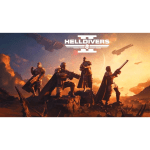 Screenshot from the game Helldivers: soldiers in armor standing on a rocky ridge as helicopters fly overhead during a fiery battlefield sunset, with the Helldivers logo centered in the sky.