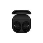 Black wireless earbuds in an open charging case