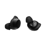 Two black true-wireless in-ear earbuds with silicone tips, shown from different angles.