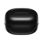 Black Samsung wireless earbud charging case, closed with a glossy finish and a small front LED indicator.