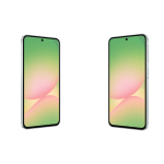 Two smartphones shown in perspective: left is a front view with a centered camera cutout, right is a side view highlighting the phone's slim profile and side buttons, both with green–pink gradient wallpapers
