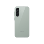 Back view of a mint-green Samsung smartphone with a vertical trio of camera lenses on the left and a small flash or sensor beside them, brand name at bottom.