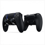 Two black PlayStation game controllers shown from front and back, highlighting the buttons, analog sticks, and touchpad area.