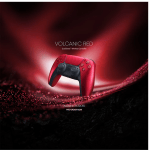 Volcanic Red DualSense wireless controller on a red-ink background, advertising pre-order availability.