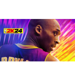 Close-up side profile of a basketball player in a purple jersey, neon purple/orange background, with the NBA 2K24 logo on the left.