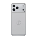 Back view of a silver smartphone with a triple-camera module in the top-left corner and a circular emblem on the back panel.