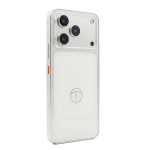 Back view of a silver smartphone with a triple-camera module in the top-left corner and a subtle circular logo on the back, seen through a clear case with an orange side button