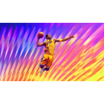 Basketball player in a yellow Lakers uniform leaps with the ball against a vivid rainbow background.