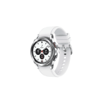 White smartwatch with a metal bezel and white silicone band, showing a multi-dial chronograph face.