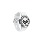 White smartwatch with a silver bezel and white silicone band, round dial with multiple sub-dials displayed on screen